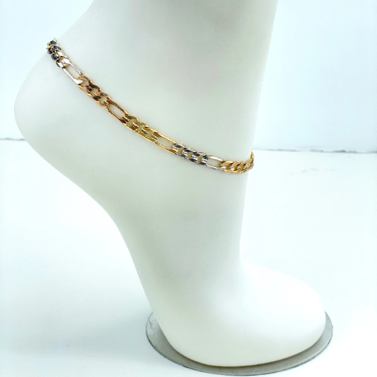 18k Gold Filled 5mm Tri Tone Figaro Chain Anklet, Classic Chain Anklet