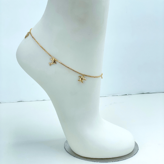 18k Gold Filled 1mm Box Chain & Dangle Ocean Beach Tropical Charms, Turtle, Dolphin, Starfish, Seahorse Anklet, Wholesale