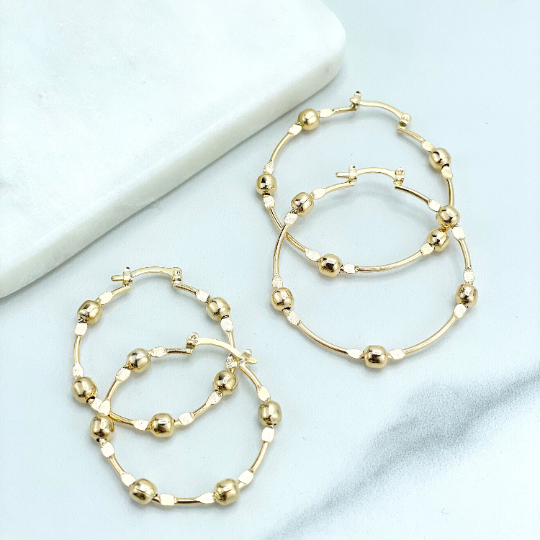 18k Gold Filled 40mm or 31mm Hoops Earrings with Gold Beads, Beaded Hoops