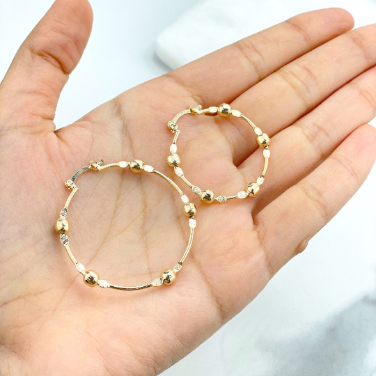 18k Gold Filled 40mm or 31mm Hoops Earrings with God Beads, Beaded Hoops, Wholesale Jewelry Making Supplies.  Hoops Size:  Large Hoop:  -Length: 43mm | Width: 40mm | Beads: 4mm  Medium Hoop: -Length: 34mm | Width: 31mm | Beads: 4mm