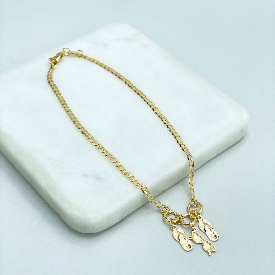 18k Gold Filled 3mm Curb Link Chain with Dangles Two Flip Flops & Sunglasses Charms Anklet