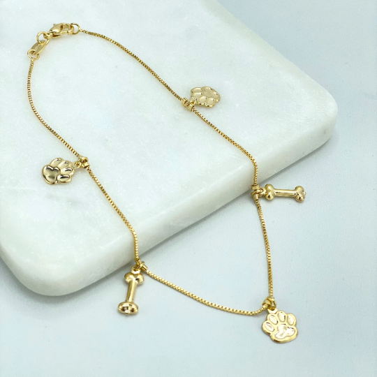 18k Gold Filled 1mm Box Chain with Dangle Pet Puppy Charms Anklet, Dog Bone & Dog Paws Charms, Wholesale