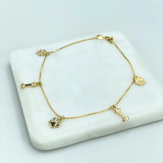 18k Gold Filled 1mm Box Chain with Dangle Pet Puppy Charms Anklet, Dog Bone & Dog Paws Charms, Wholesale