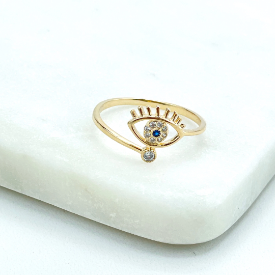 18k Gold Filled Clear & Blue Cubic Zirconia Details on Front Evil Eye Shape Protective Ring