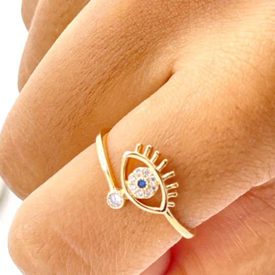 18k Gold Filled Clear & Blue Cubic Zirconia Details on Front Evil Eye Shape Protective Ring, Wholesale