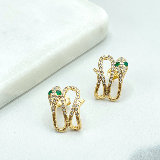 18k Gold Filled Clear and Green Micro Pave Cubic Zirconia Snake Earrings, Serpent Earrings
