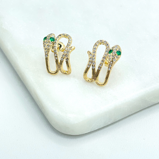18k Gold Filled Clear and Green Micro Pave Cubic Zirconia Snake Earrings, Serpent Earrings, Wholesale