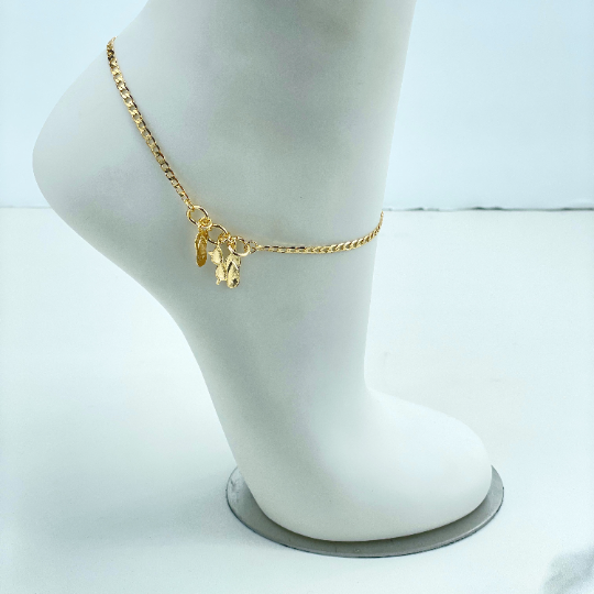 18k Gold Filled 3mm Curb Link Chain with Dangles Two Flip Flops & Sunglasses Charms Anklet