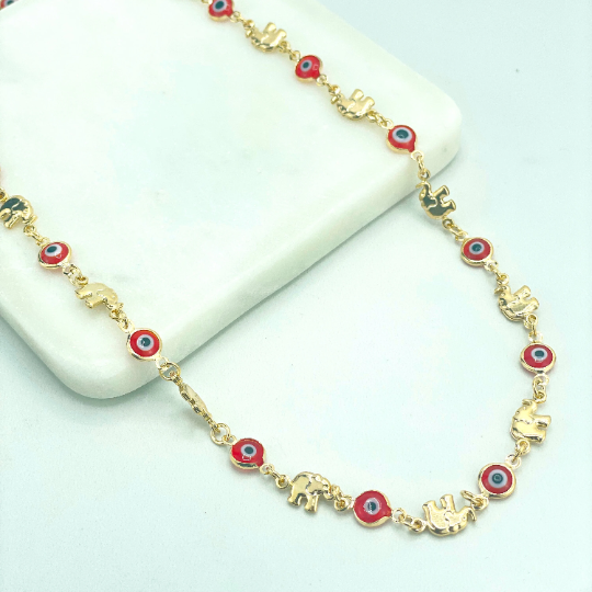 18k Gold Filled Red Evil Eyes Linked with Puffed Elephants Necklace, Good Lucky and Protection Necklace