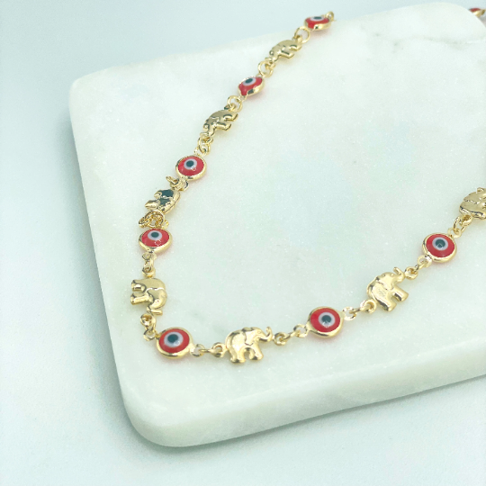 18k Gold Filled Red Evil Eyes Linked with Puffed Elephants Necklace, Good Lucky and Protection Necklace