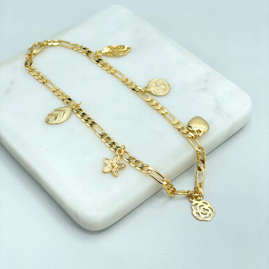 18k Gold Filled 4mm Figaro Chain Link, Dangles Flowers, Leaves & Heart Charms Anklet