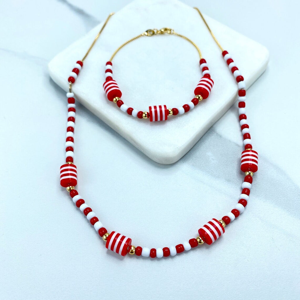 18k Gold Filled 1mm Box Chain Beaded Red, White & Gold Necklace or Bracelet Set