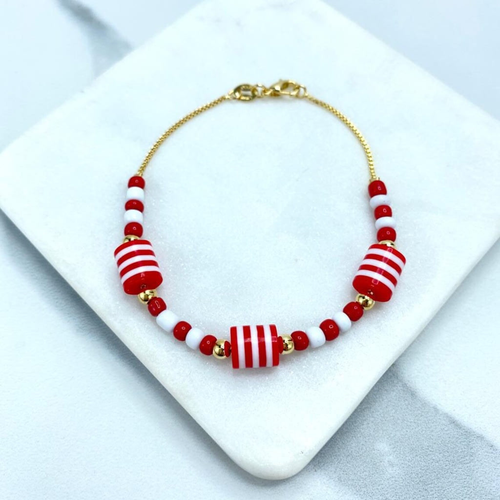 18k Gold Filled 1mm Box Chain Beaded Red, White & Gold Necklace or Bracelet Set