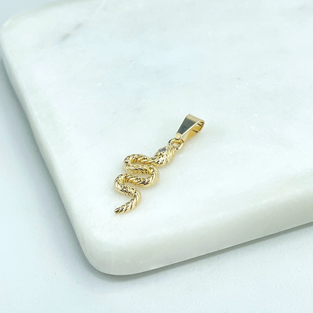 18k Gold Filled Texturized Snake Shape with Clear Cubic Zirconia Eyes Charm Pendant, Wholesale