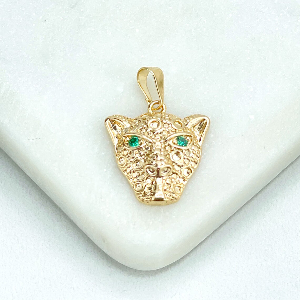 18k Gold Filled Green Micro Pave Cubic Zirconia Eyes of Panther Tiger Head Shape Texturized Charm Pendant, Wholesale Jewelry Making Supplies