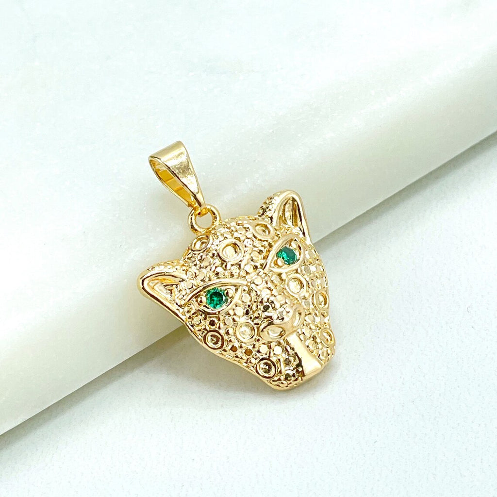 18k Gold Filled Green Micro Pave Cubic Zirconia Eyes of Panther Tiger Head Shape Texturized Charm Pendant