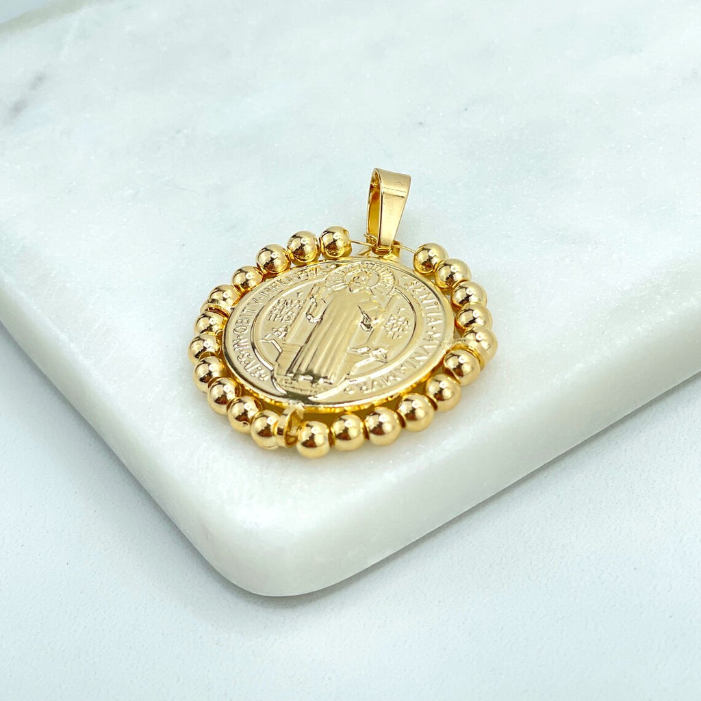 18k Gold Filled Religious Medal Medallion San Benito Coin Pendant Charms with Gold Beads, Catholic Jewelry, Wholesale
