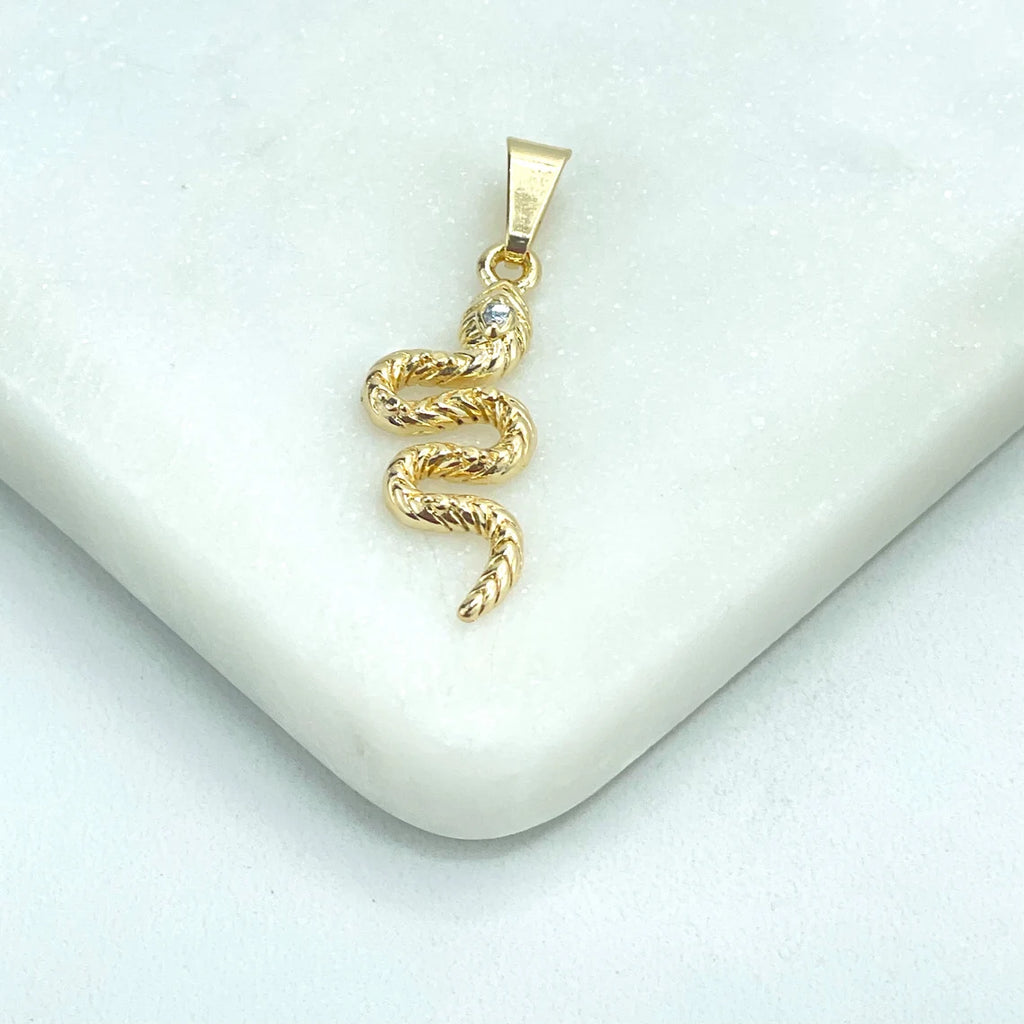 18k Gold Filled Texturized Snake Shape with Clear Cubic Zirconia Eyes Charm Pendant, Wholesale