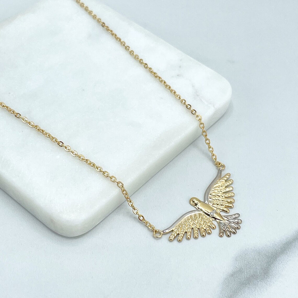 18k Gold Filled 2mm Rolo Chain 18 Inches Necklace with Two Tone Dove Charm, Flying Bird, American Eagle Necklace, Wholesale