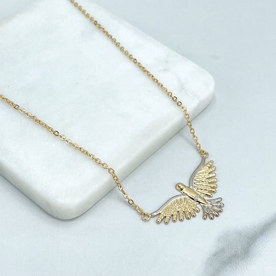 18k Gold Filled 2mm Rolo Chain 18 Inches Necklace with Two Tone Dove Charm, Flying Bird
