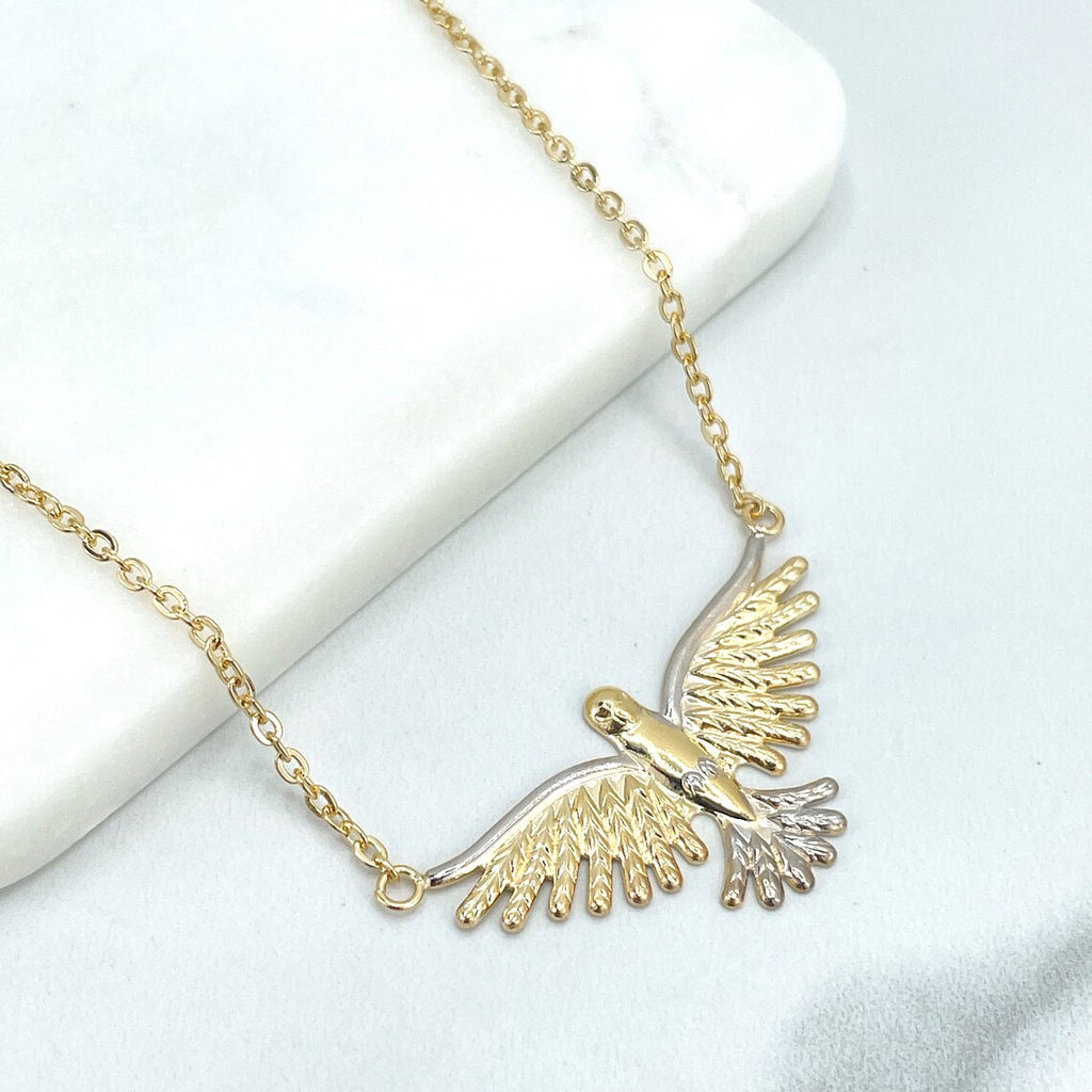 18k Gold Filled 2mm Rolo Chain 18 Inches Necklace with Two Tone Dove Charm, Flying Bird