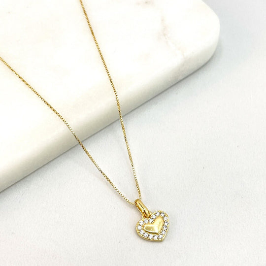 18k Gold Filled Clear Cubic Zirconia Fancy Heart Shape Charm with 16 Inches Box Chain Necklace, Wholesale