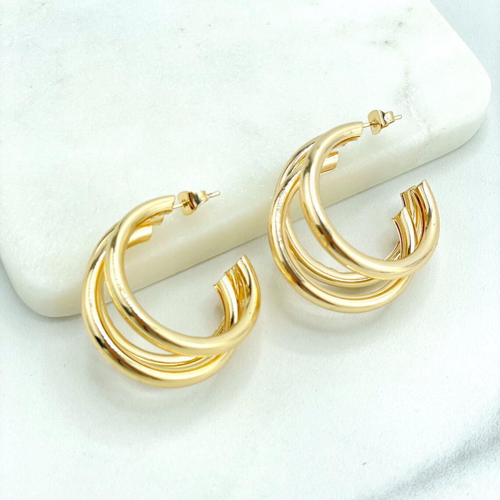 18k Gold Filled 35mm, 31mm or 21mm Tubular Braided Triple Modern C-Hoops Earrings, Wholesale