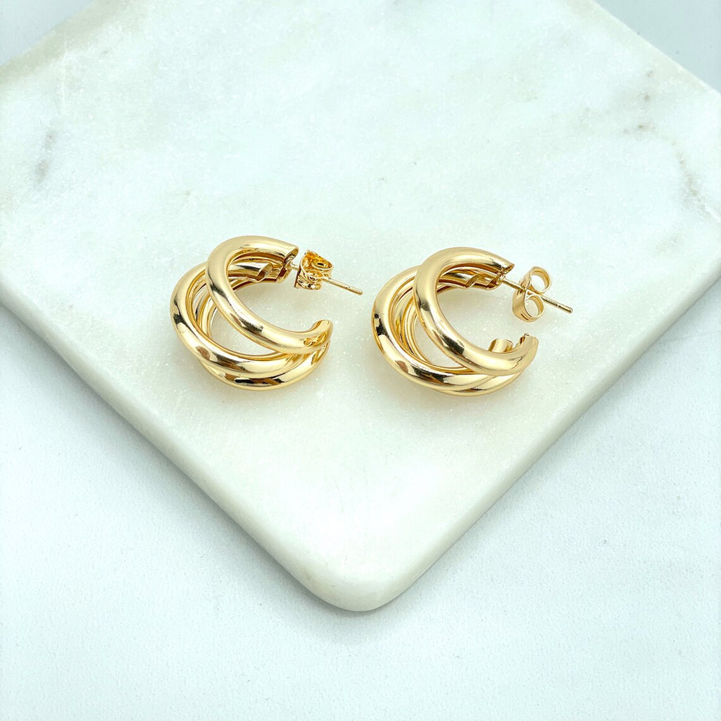 18k Gold Filled 35mm, 31mm or 21mm Tubular Braided Triple Modern C-Hoops Earrings, Wholesale