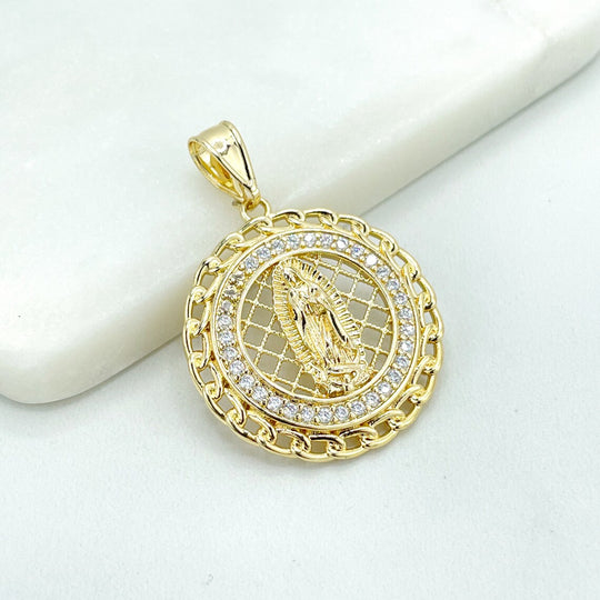 18k Gold Filled Virgen De Guadalupe, Our Lady of Guadalupe Cutout Medal Medallion with Cubic Zirconia Charm Pendant, Wholesale