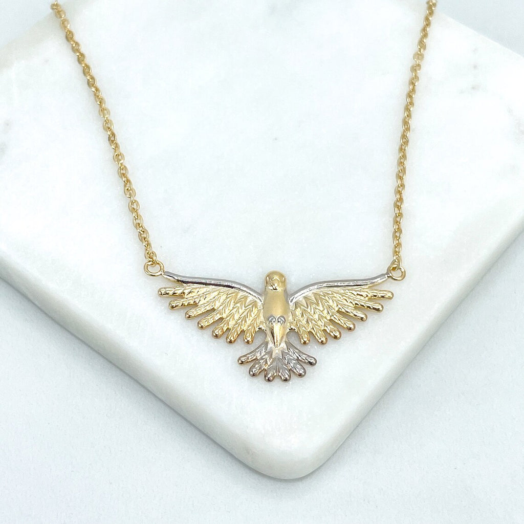18k Gold Filled 2mm Rolo Chain 18 Inches Necklace with Two Tone Dove Charm, Flying Bird