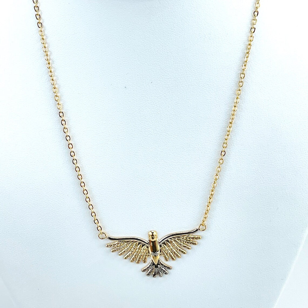 18k Gold Filled 2mm Rolo Chain 18 Inches Necklace with Two Tone Dove Charm, Flying Bird