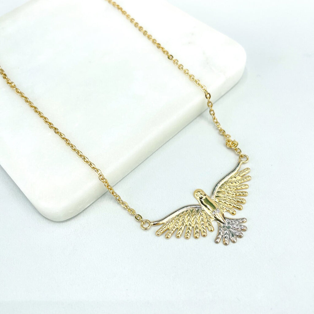 18k Gold Filled 2mm Rolo Chain 18 Inches Necklace with Two Tone Dove Charm, Flying Bird