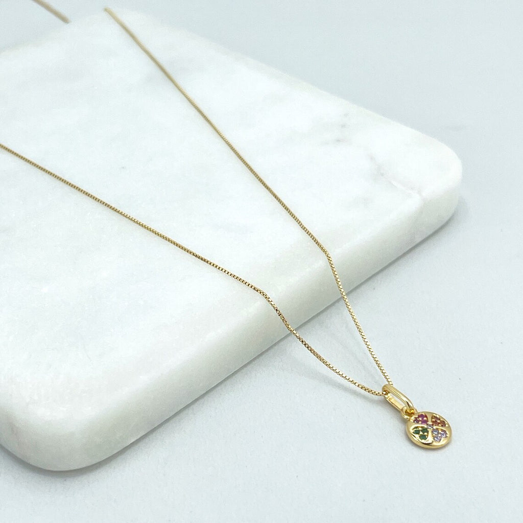 18k Gold Filled Colorful Cubic Zirconia Fancy Clover Shape Charm with 16 Inches Box Chain Necklace, Wholesale