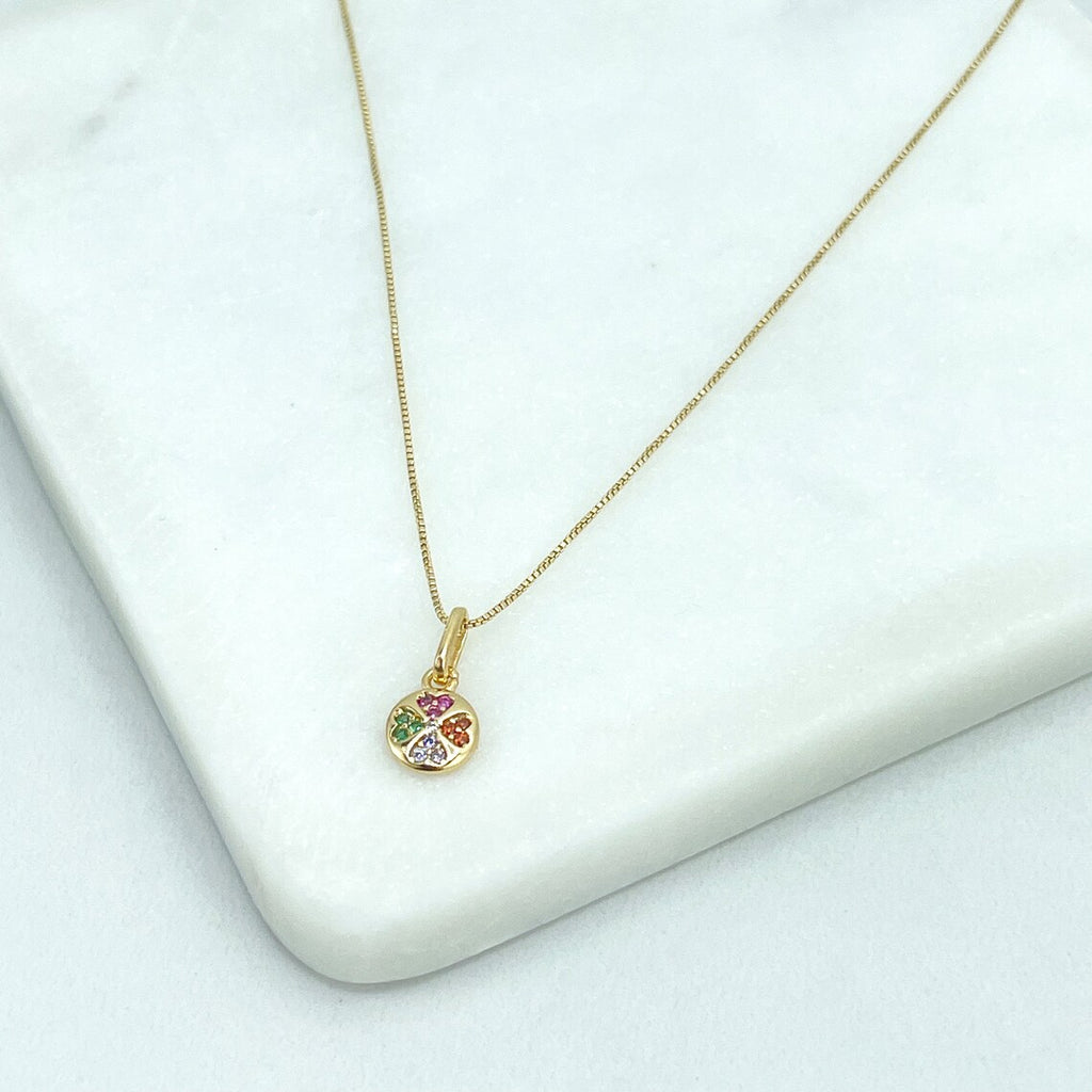 18k Gold Filled Colorful Cubic Zirconia Fancy Clover Shape Charm with 16 Inches Box Chain Necklace, Wholesale