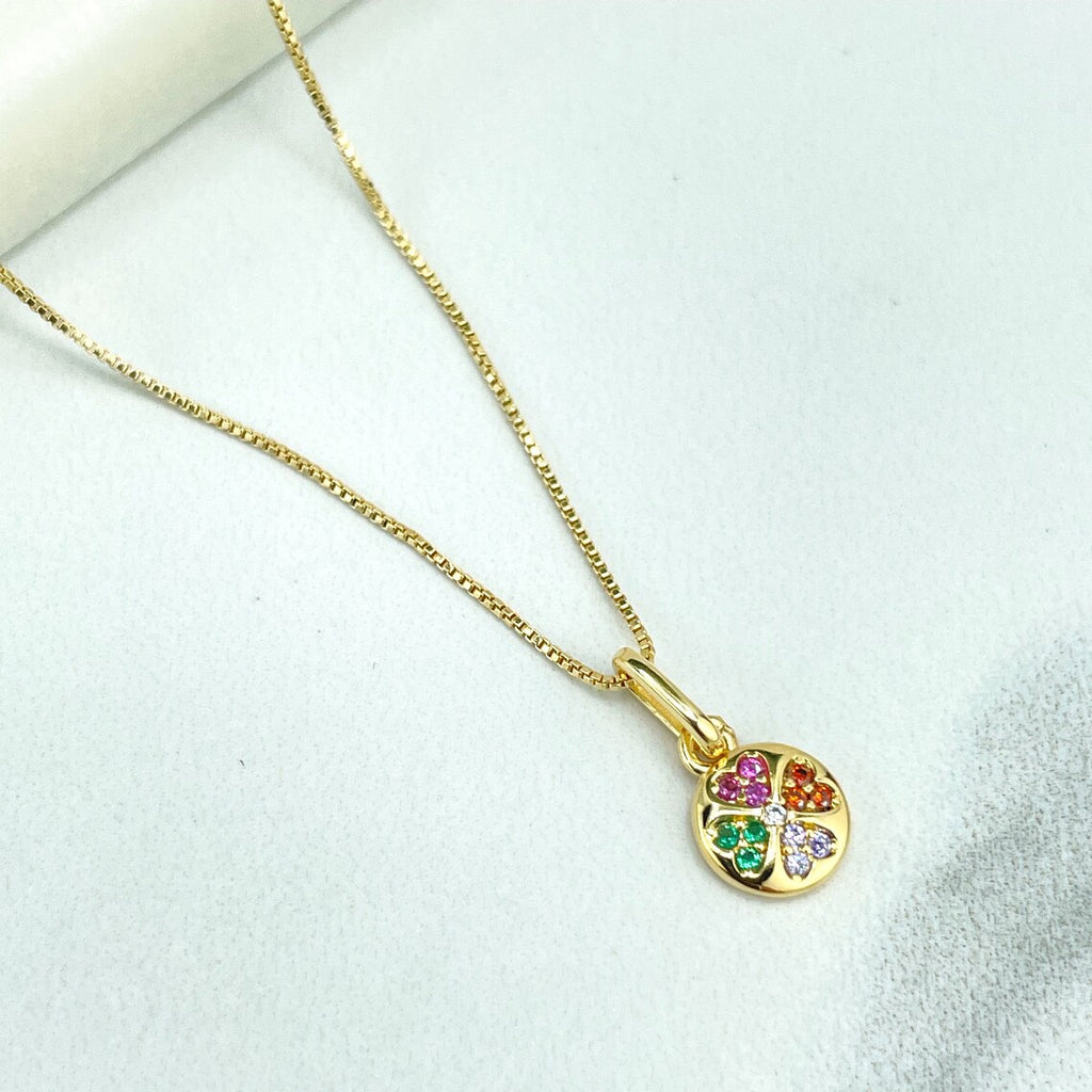 18k Gold Filled Colorful Cubic Zirconia Fancy Clover Shape Charm with 16 Inches Box Chain Necklace, Wholesale