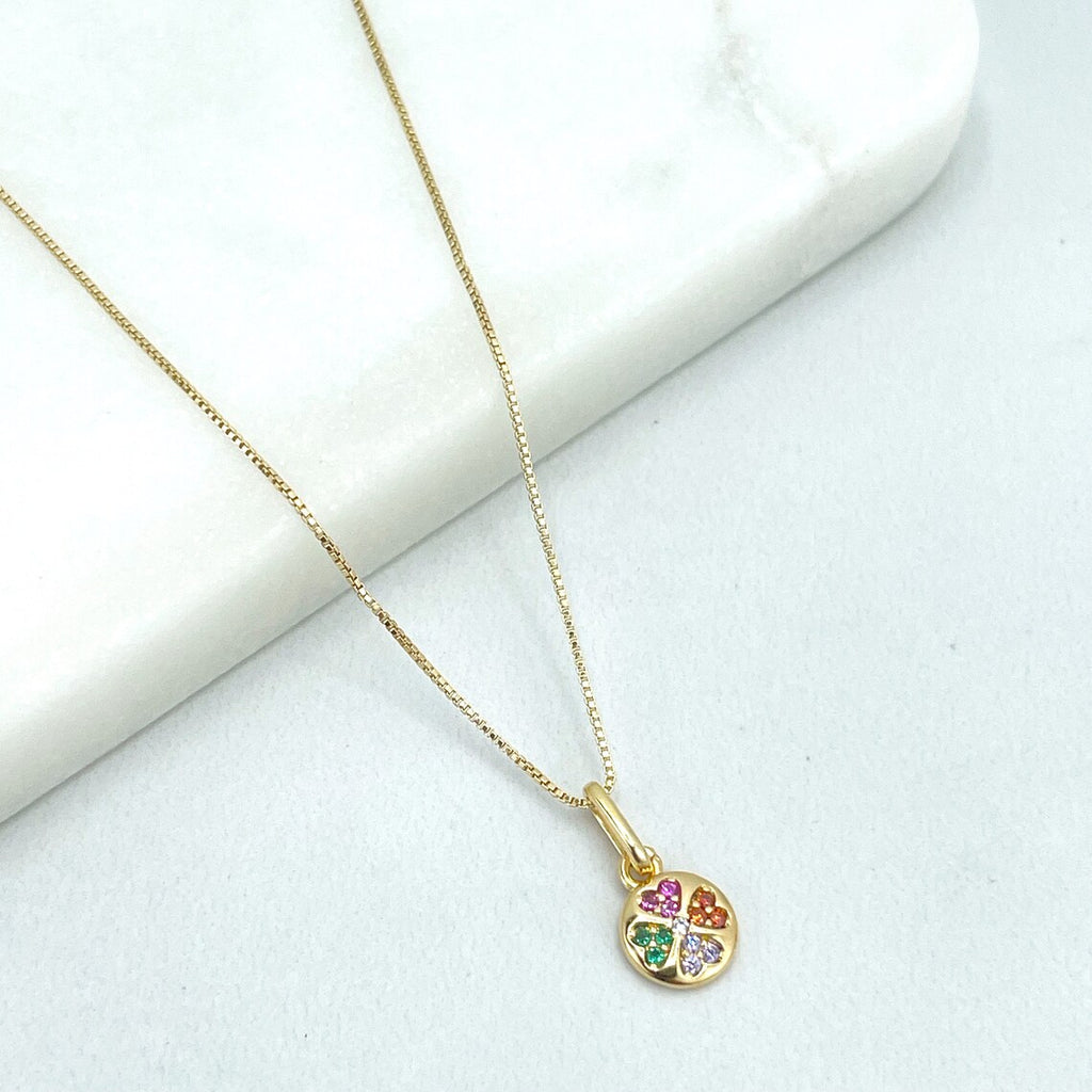 18k Gold Filled Colorful Cubic Zirconia Fancy Clover Shape Charm with 16 Inches Box Chain Necklace, Wholesale