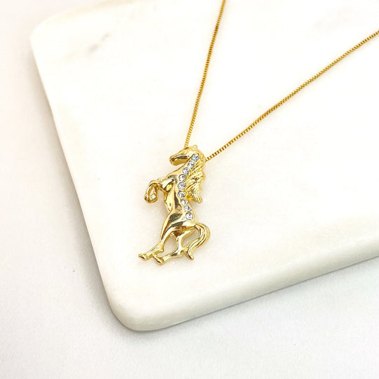 18k Gold Filled Cubic Zirconia Fancy Horse Shape Charm with 17.5 Inches Box Chain Necklace