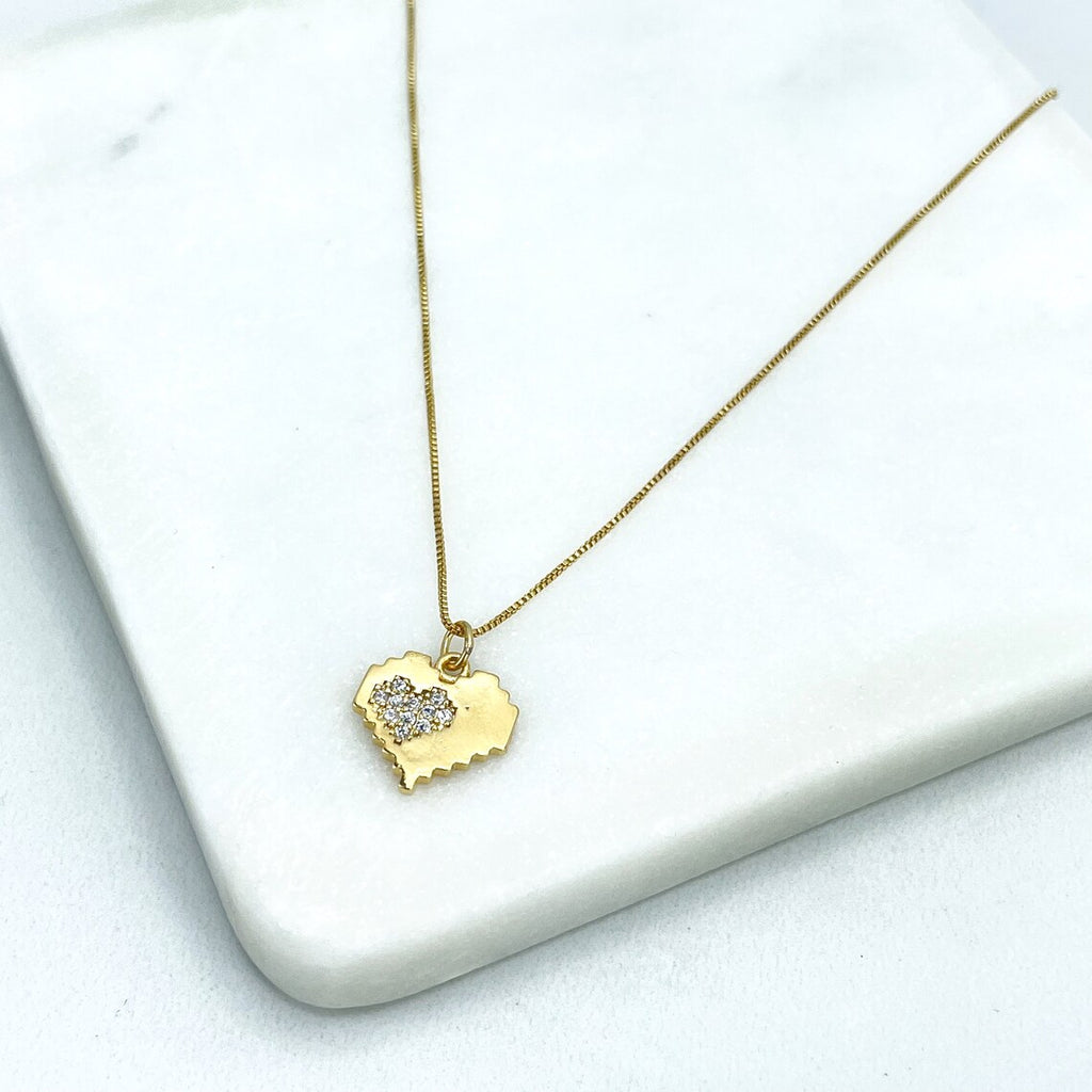 18k Gold Filled Pave Micro Cubic Zirconia Fancy Heart Shape Charm with 16 Inches Box Chain Necklace, Wholesale