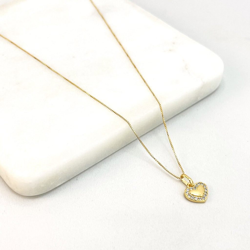 18k Gold Filled Clear Cubic Zirconia Fancy Heart Shape Charm with 16 Inches Box Chain Necklace, Wholesale