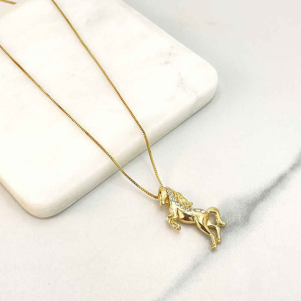 8k Gold Filled Cubic Zirconia Fancy Horse Shape Charm with 17.5 Inches Box Chain Necklace, Wholesale