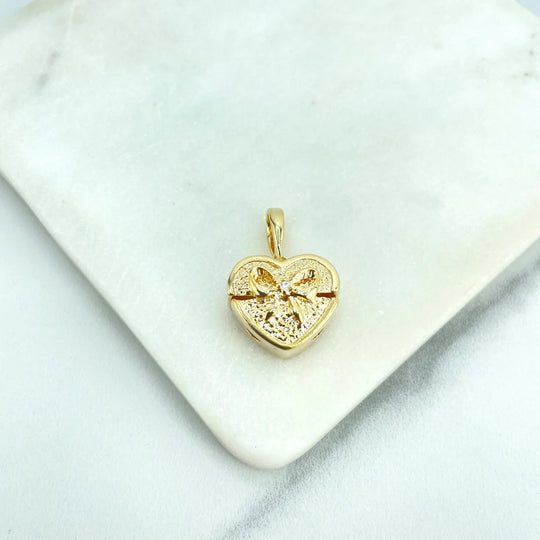 18k Gold Filled Heart Shape Gift Box Charm with Bow and Micro Cubic Zirconia