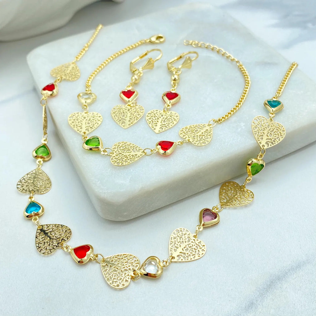 18k Gold Filled Filigree Heart Jewelry Set, Colorful Heart Necklace, Bracelet & Earrings, Romantic Wholesale Jewelry