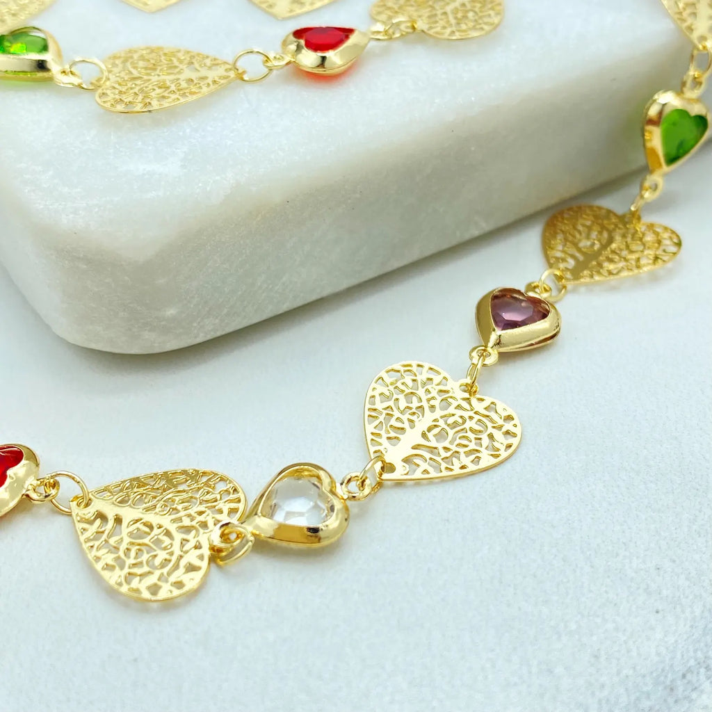 18k Gold Filled Filigree Heart Jewelry Set, Colorful Heart Necklace, Bracelet & Earrings, Romantic Wholesale Jewelry