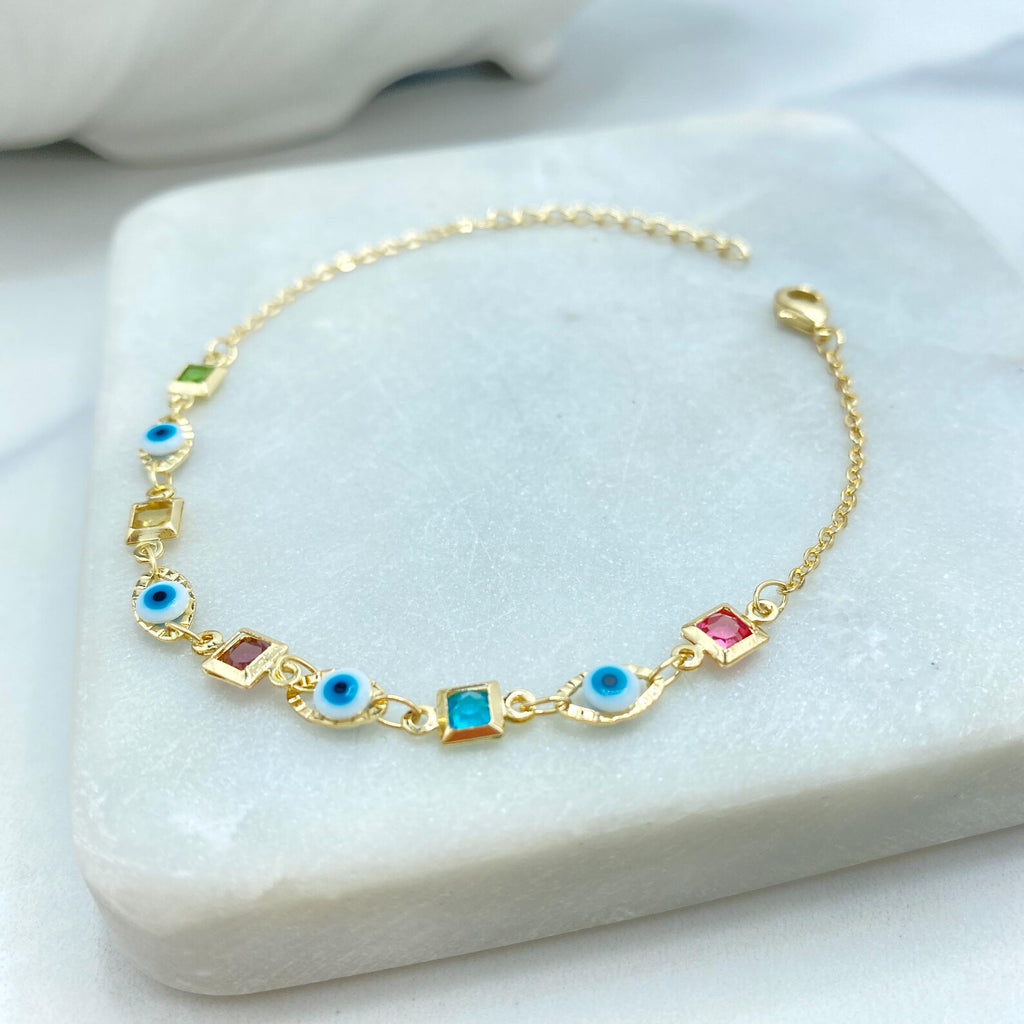 18k Gold Filled Evil Eye Jewelry Set, Multicolor CZ Stones Necklace, Bracelet & Earrings, Wholesale Jewelry