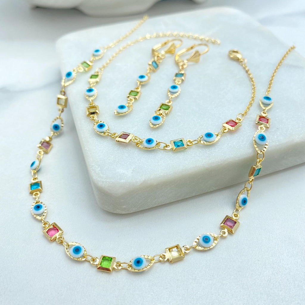18k Gold Filled Colorful Evil Eye Jewelry Set, Necklace Bracelet and Earrings, Multicolor CZ Stones, Wholesale Jewelry