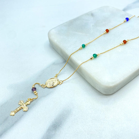 18k Gold Filled Rosary Necklace, Guadalupe Box Chain Rosary with Multicolor Beads, Catholic Jewelry, Religious