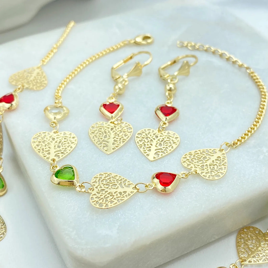 18k Gold Filled Filigree Heart Jewelry Set, Colorful Heart Necklace, Bracelet & Earrings, Romantic Wholesale Jewelry