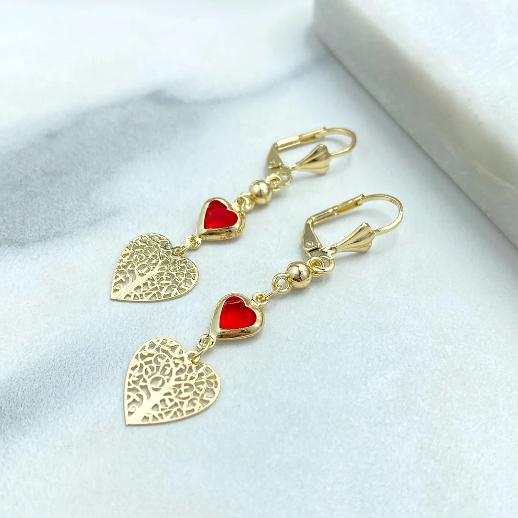 18k Gold Filled Filigree Heart Jewelry Set, Colorful Heart Necklace, Bracelet & Earrings, Romantic Wholesale Jewelry