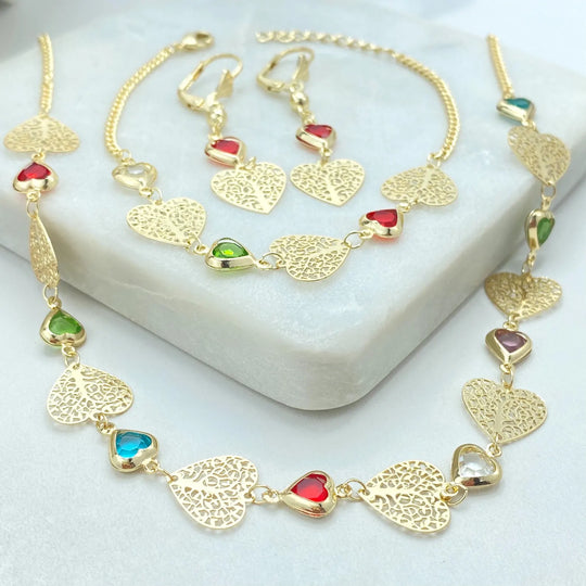18k Gold Filled Filigree Heart Jewelry Set, Colorful Heart Necklace, Bracelet & Earrings, Romantic Wholesale Jewelry