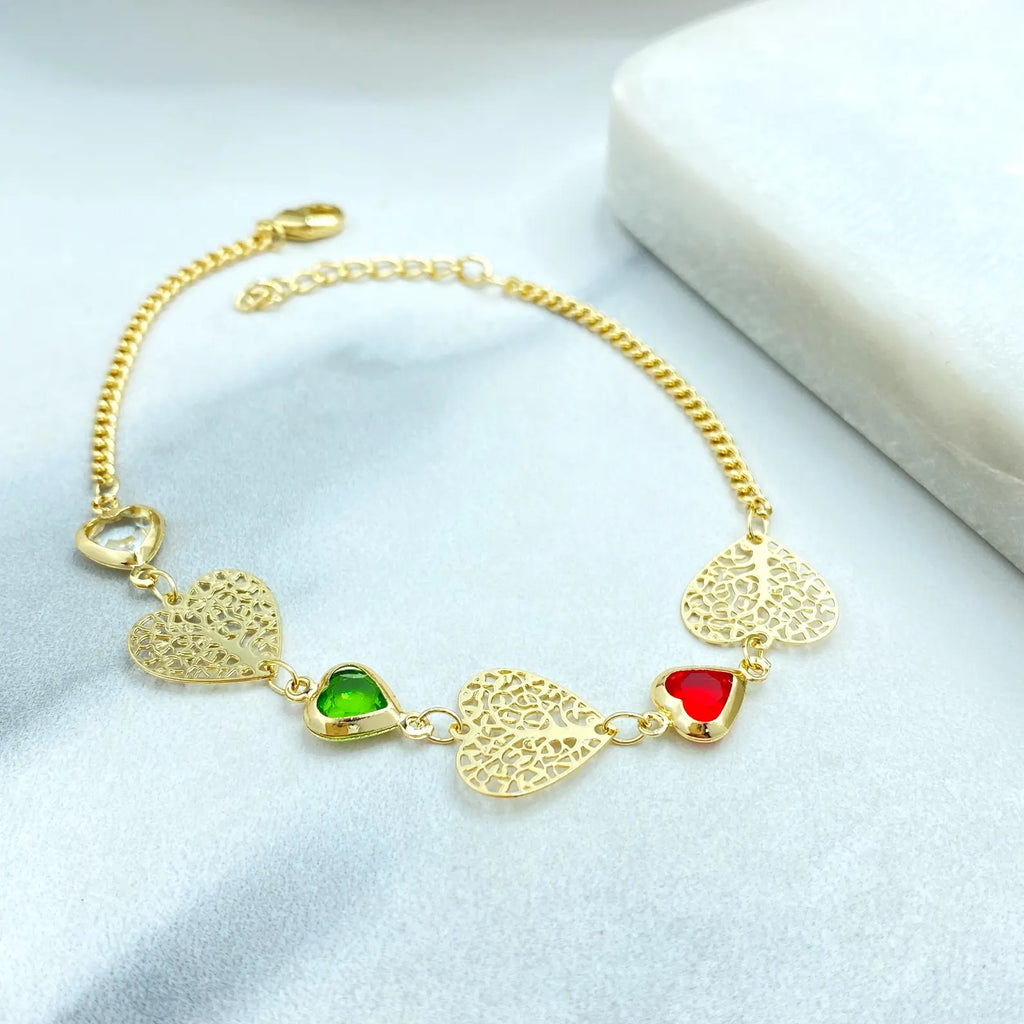 18k Gold Filled Filigree Heart Jewelry Set, Colorful Heart Necklace, Bracelet & Earrings, Romantic Wholesale Jewelry